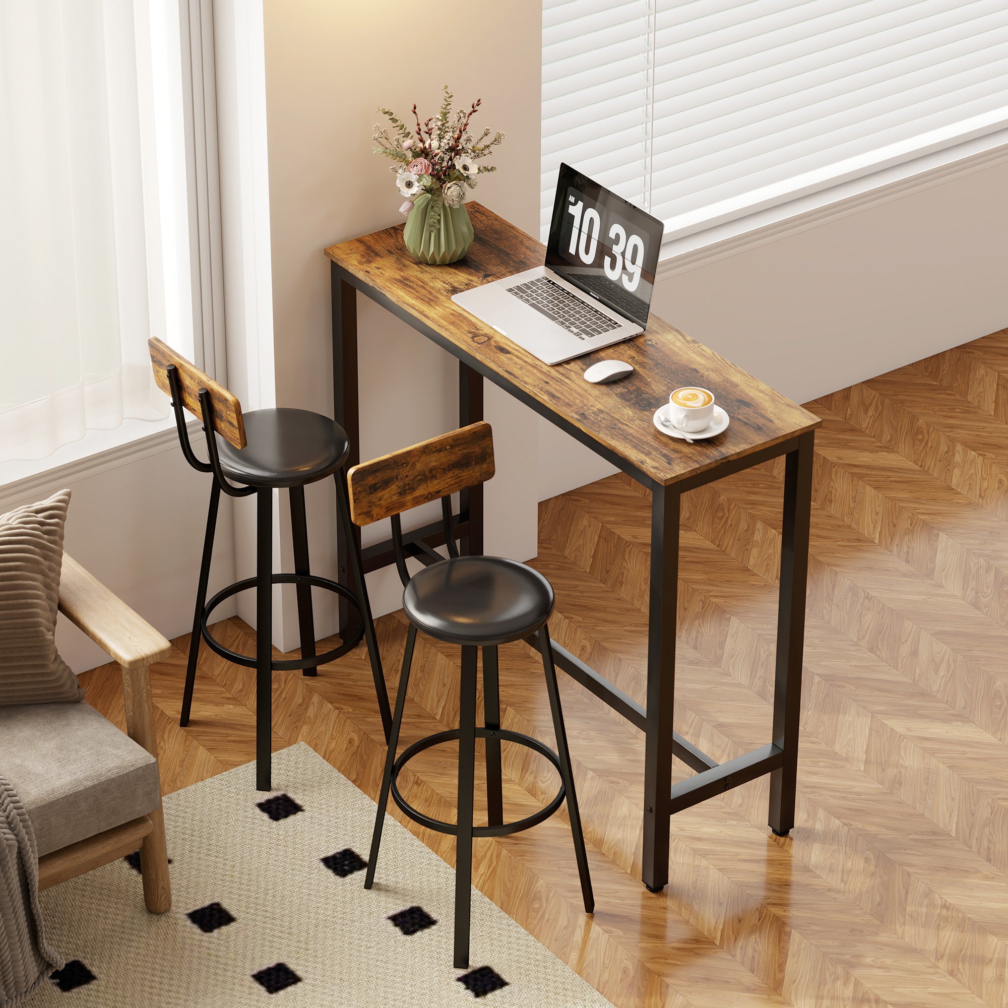 Set 2 Sgabelli da Bar Stile Industriale con Schienale Seduta in Finta Pelle e Poggiapiedi Marrone Rustico