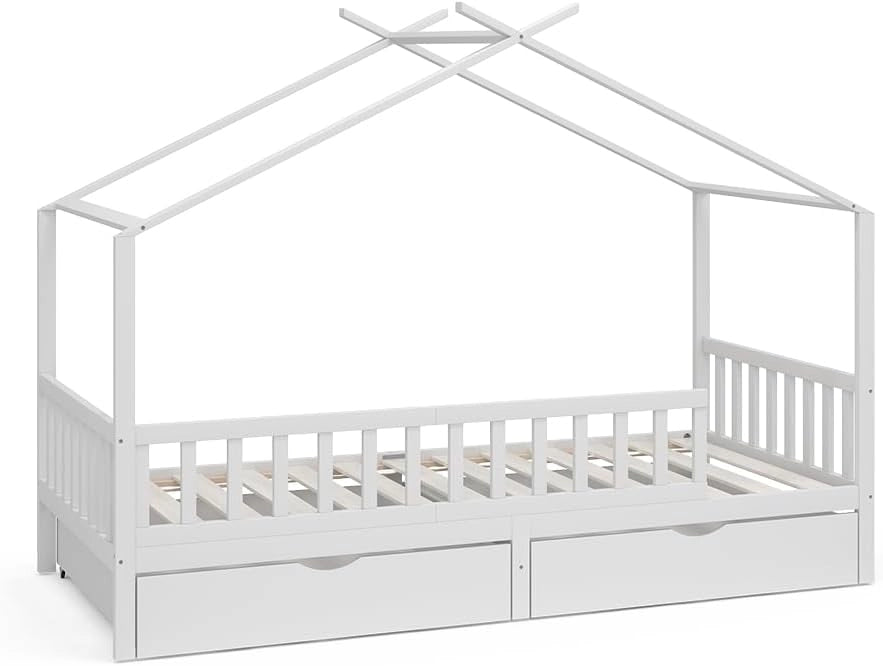 Letto montessori bambini Franka, Bianco, 90x200 cm con 2 cassetti e materasso, adatto per materassi fino a 90x200 cm e combinabile