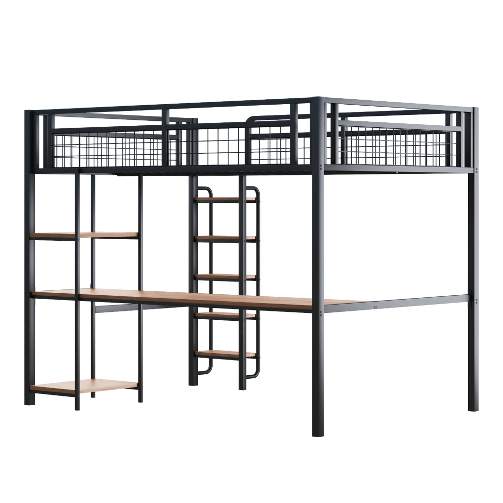 OKWISH Letto a Soppalco 140×200 cm, Letto Matrimoniale con Scala a Gradini, Scrivania e Mensole, senza Materasso, in Metallo, Nero