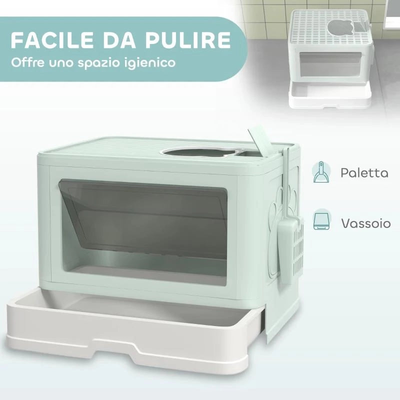 LETTIERA PER GATTI CHIUSA CON COPERCHIO E DOPPIA ENTRATA, CASSETTO ESTRAIBILE, PALETTA E SPAZZOLA, VERDE