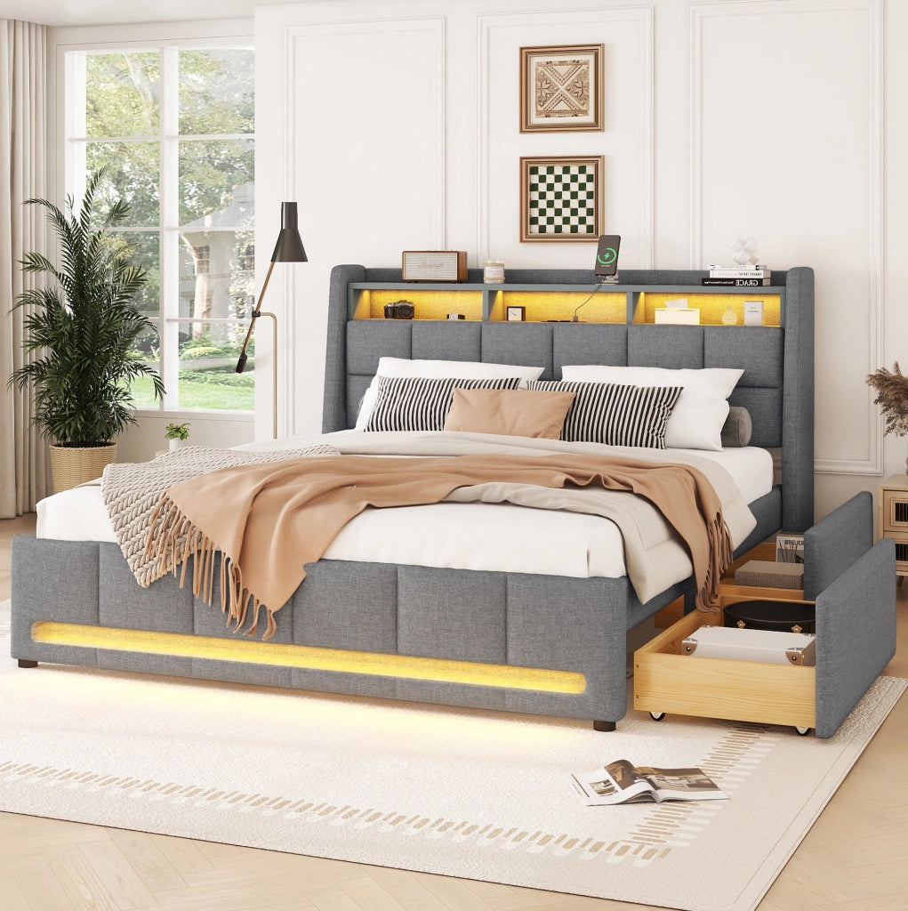 Letto imbottito 140x200 cm con LED APP; cassetti e USB in lino grigio