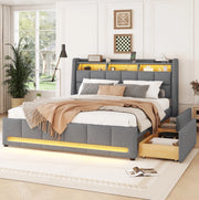 Letto imbottito 140x200 cm con LED APP; cassetti e USB in lino grigio