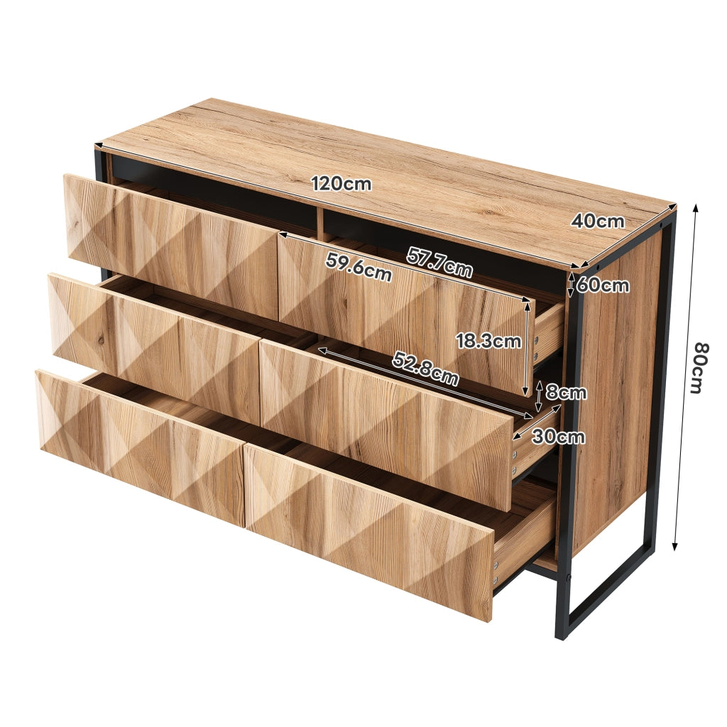 Cassettiera con 6 Cassetti e Struttura in Metallo; Frontali Testurizzati; Stile Moderno; per Soggiorno; in Truciolare; Nero Naturale; 120??40??80 cm