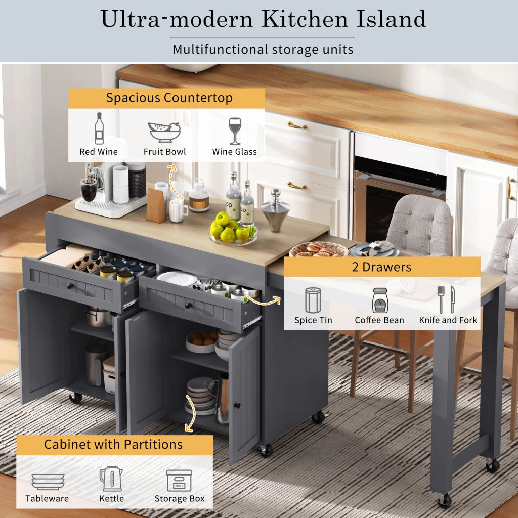 Isola da Cucina con Piano Estensibile e 7 Ruote per Cucina e Sala da Pranzo in MDF 112-180;5x45x92;2 cm Grigio e Naturale