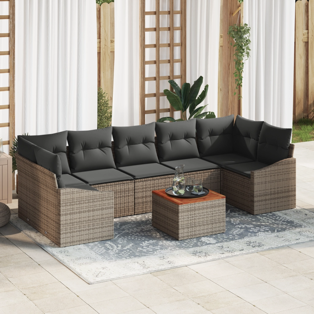 Set di divano da giardino 8 pezzi con cuscini grigio in polyrattan e acacia
