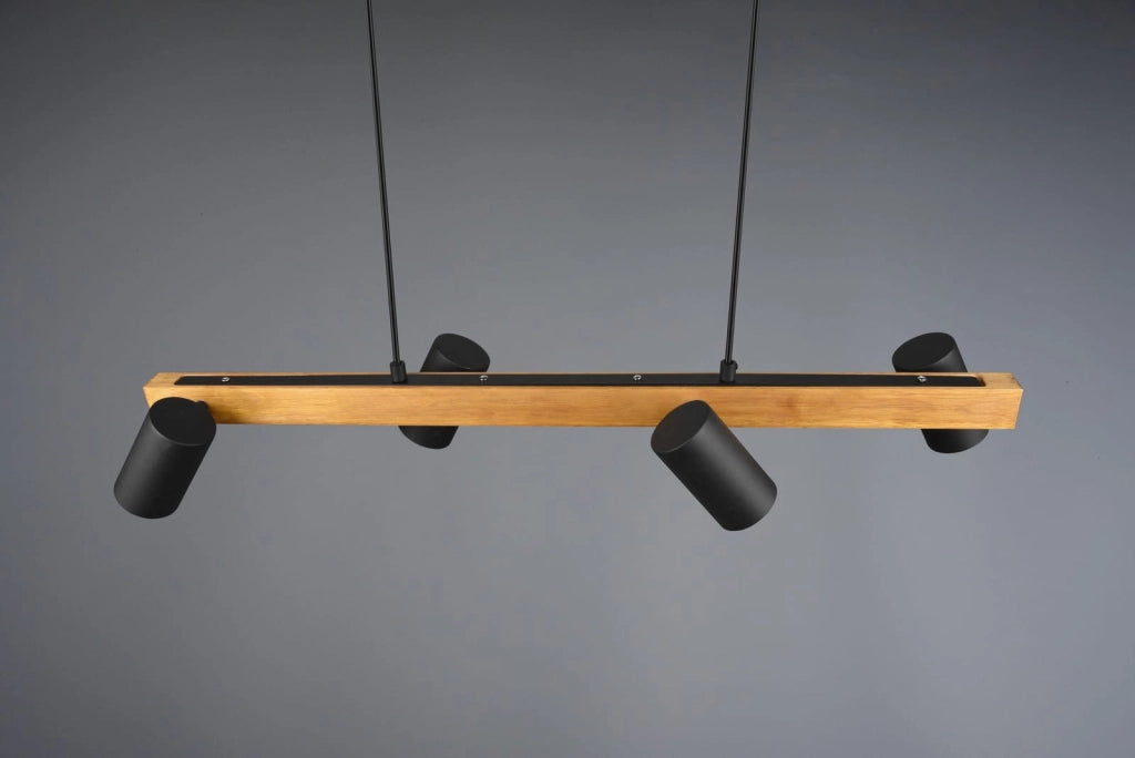 Lampadario Marley nero/legno 4 luci GU10 Trio h150cm