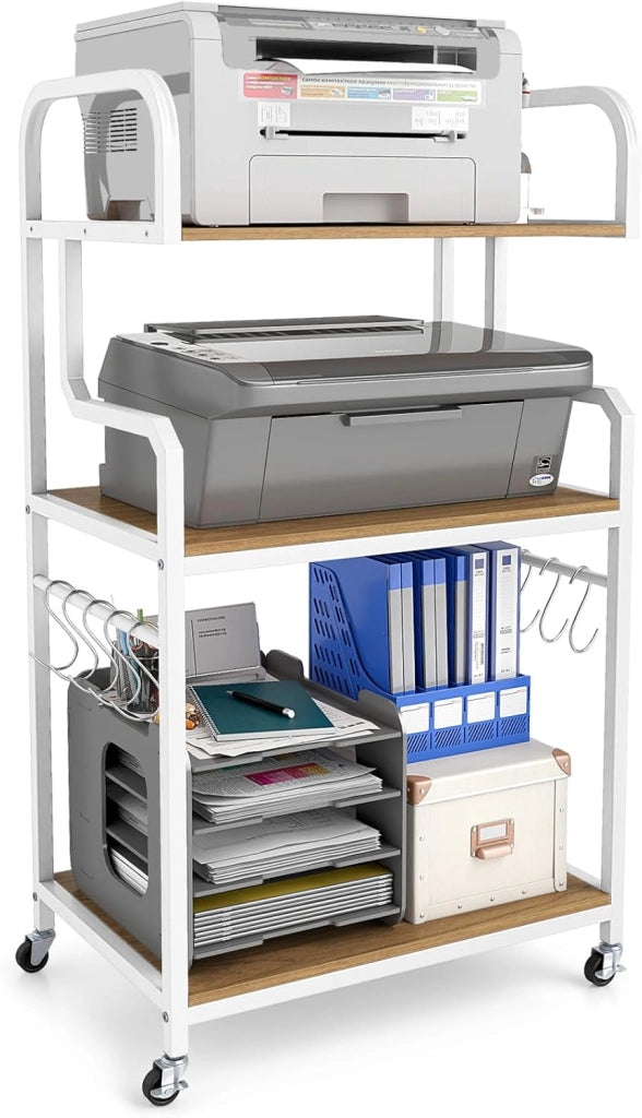 Supporto Porta Stampante con Ruote, Carrello Portaoggetti a 3 Ripiani in Legno, Scaffale Multiuso con 10 Ganci, per Cucina Ufficio, 60,5 x 40 x 110 cm (Marrone)