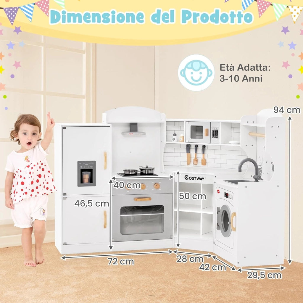 Set Gioco da Cucina per Bambini d'Angolo, Cucina Giocattolo in Legno con Macchina di Ghiaccio, Microonde, Lavatrice e Accessori, con Suoni e Luci, per Bambini 3-10 Anni (Bianco)