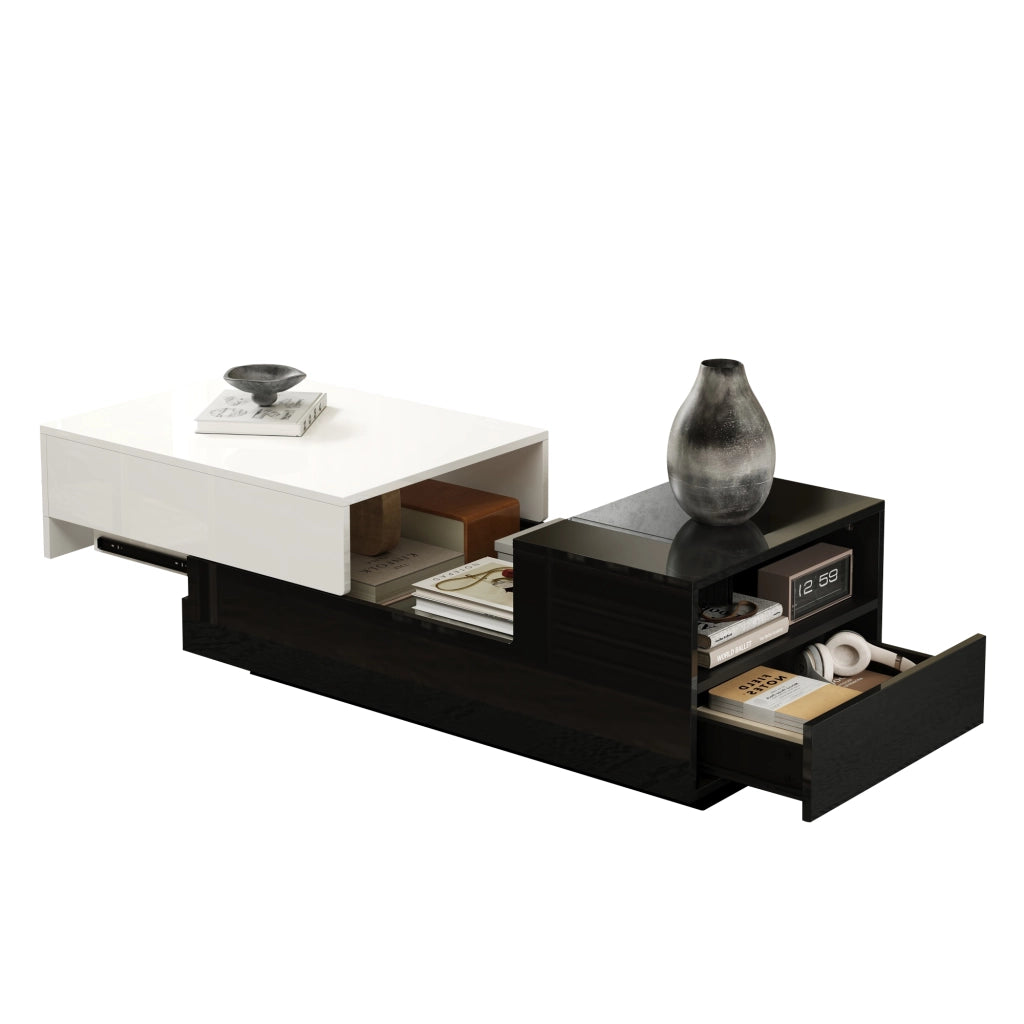Tavolino da caffè con 2 cassetti e piano alzabile; per soggiorno; 100×50×38 cm; bianco nero