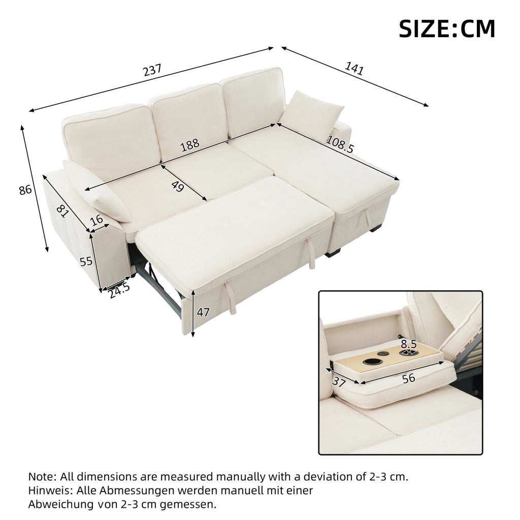 Divano angolare 3 posti in chenille con contenitore, letto estraibile, tavolino con portabicchieri e USB, beige, 237x141x86 cm