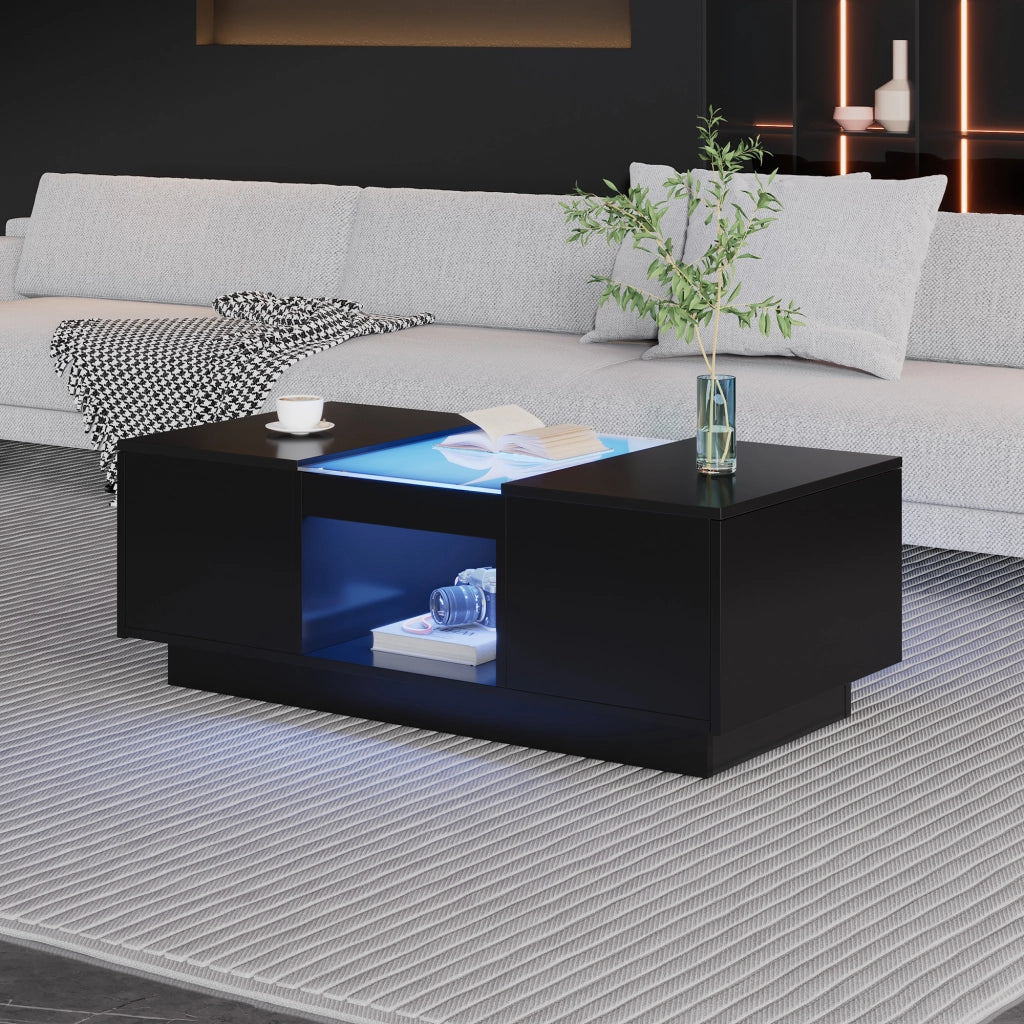 TAVOLO BASSO 100x50x35,5 cm Nero con LED, 2 cassetti e 1 vano aperto