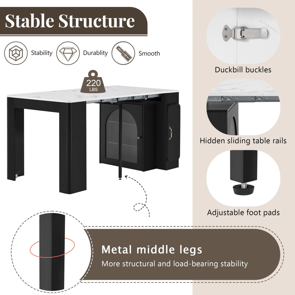 Carrello da cucina con Tavolo allungabile; 3 Scomparti; Ruote; LED e Presa; MDF Vetro; Bianco Nero