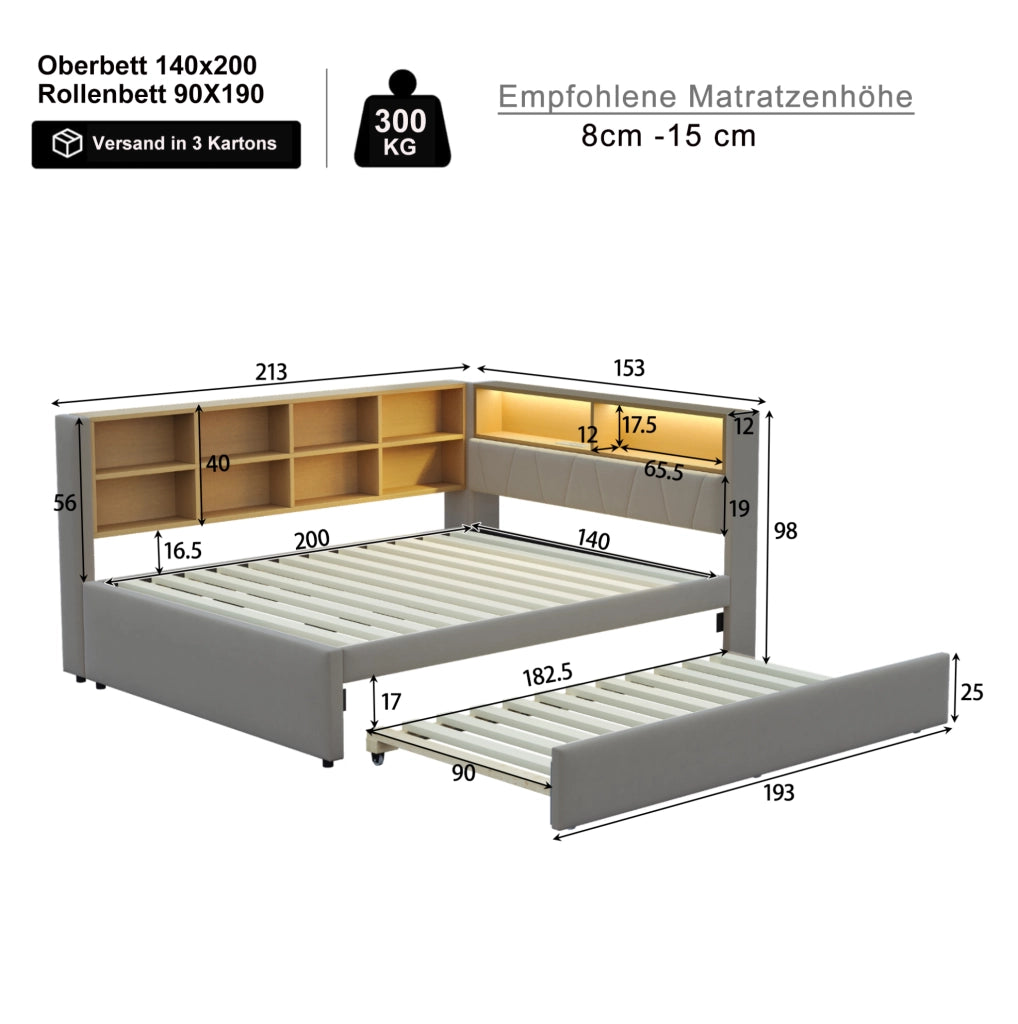 Letto multifunzione con estraibile 140x200 cm, LED e prese