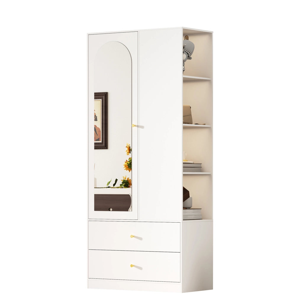 Armadio con specchio a 1 anta, 2 cassetti e 4 ripiani, 80 x 40 x 180 cm, bianco