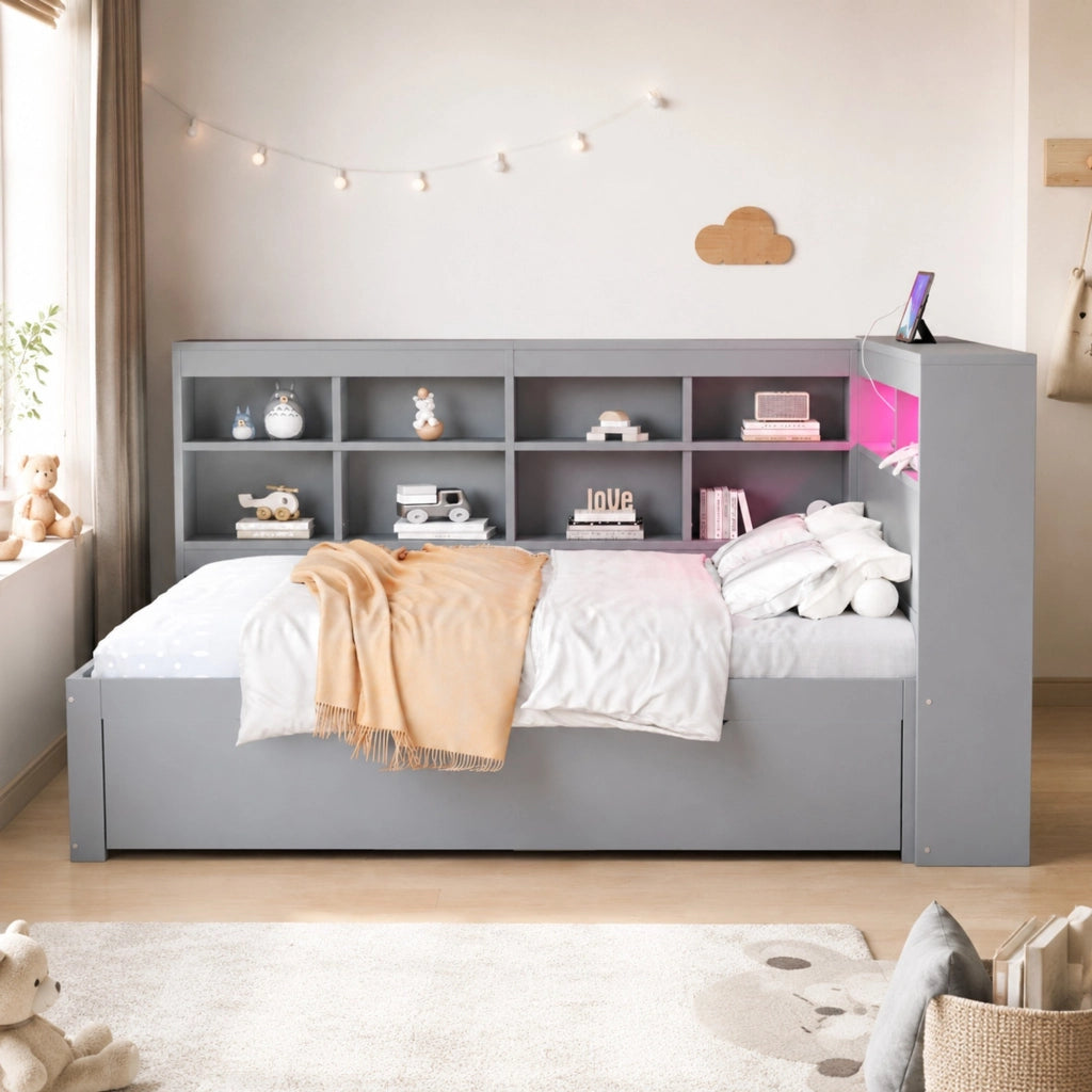 LETTO divano 90x200 cm con cassetti USB LED in legno grigio