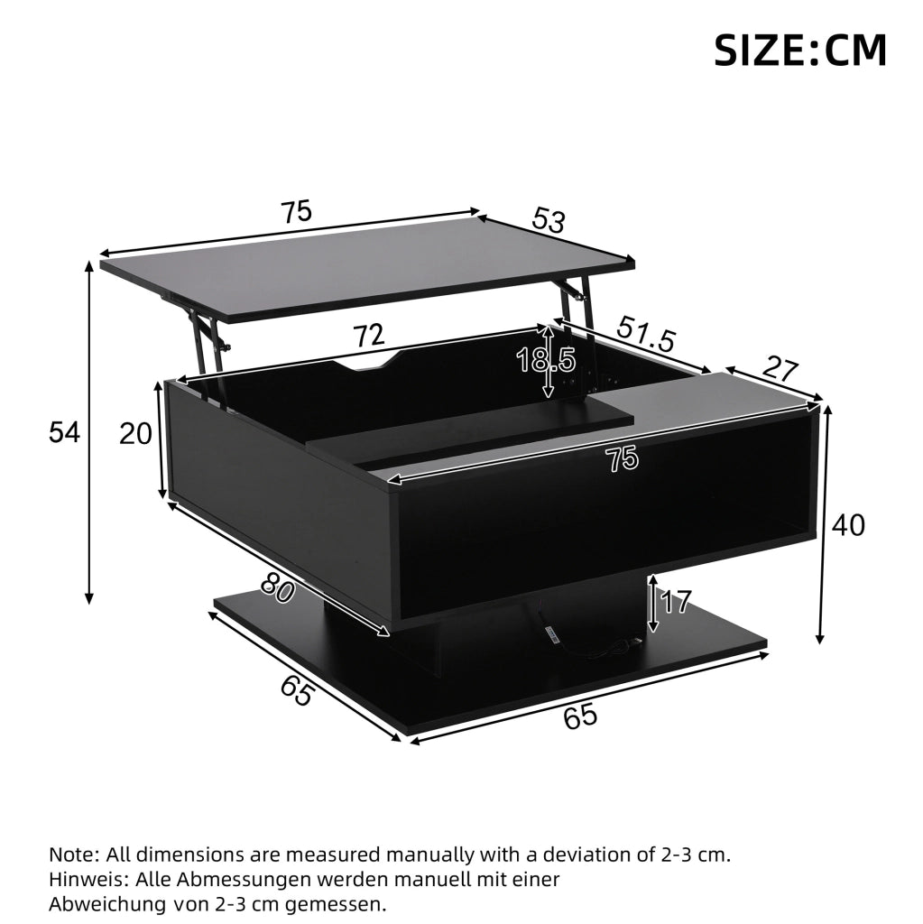 Tavolino da salotto alzabile 80x75x40 cm con LED e vano contenitore; truciolare nero lucido