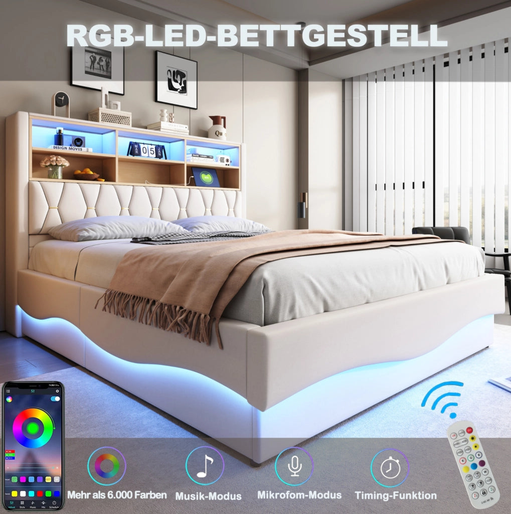 Letto imbottito 180x200 cm beige con LED, USB e vano contenitore