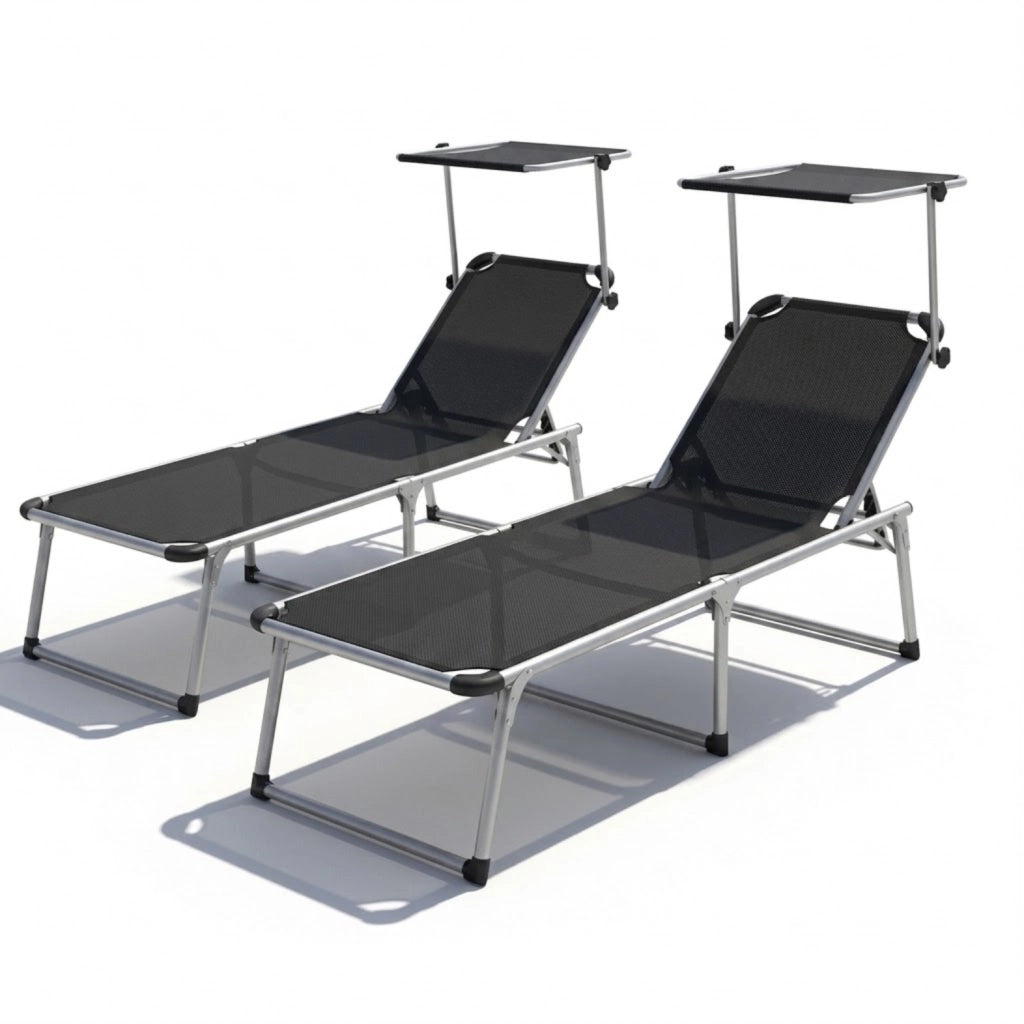 Coppia Di Lettini Pieghevole Prendisole Con Tettuccio Parasole Schienale Reclinabile Regolabile 6 Posizioni Struttura In Alluminio Sedia Sdraio Mare Spiaggia Giardino Piscina Relax 187 x 59 x 29 Cm (Nero)