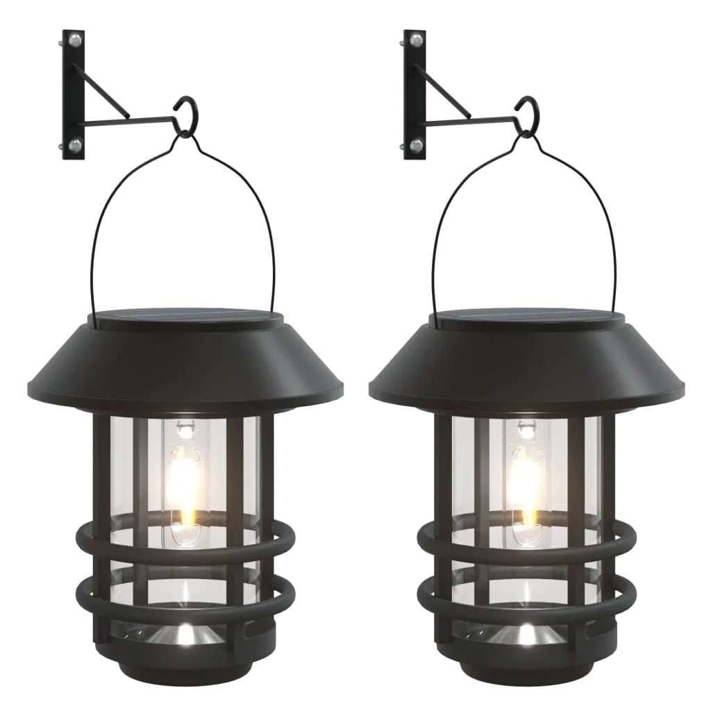Set di 2 lanterne solari da parete per esterni effetto fiamma diametro 15 x 17 cm design moderno in plastica nera 02_0056660