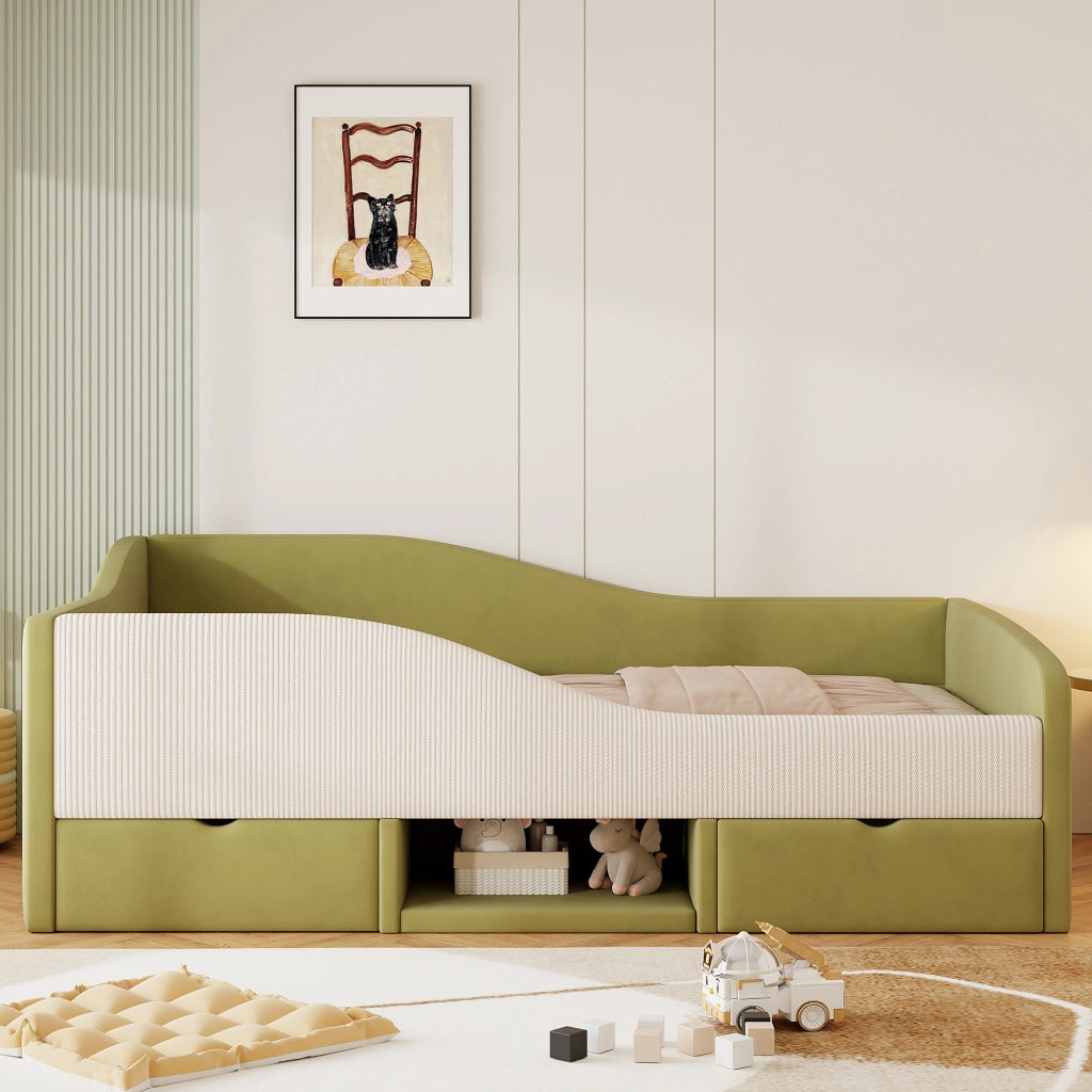 Letto per bambini 90 × 190 cm con due cassetti, sponde di sicurezza et vano portaoggetti, senza materasso, verde e avorio