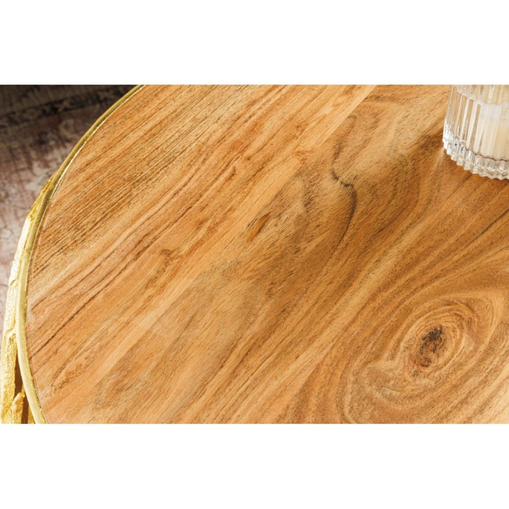 Set di 2 tavolini METRIX dorati con motivo fogliame - Tavolini design in alluminio e legno di acacia