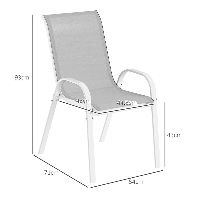 SET 4 SEDIE DA GIARDINO IMPILABILI CON BRACCIOLI CURVI, IN ACCIAIO E TESSUTO TRASPIRANTE, 54X71X93 CM, GRIGIO BIANCO