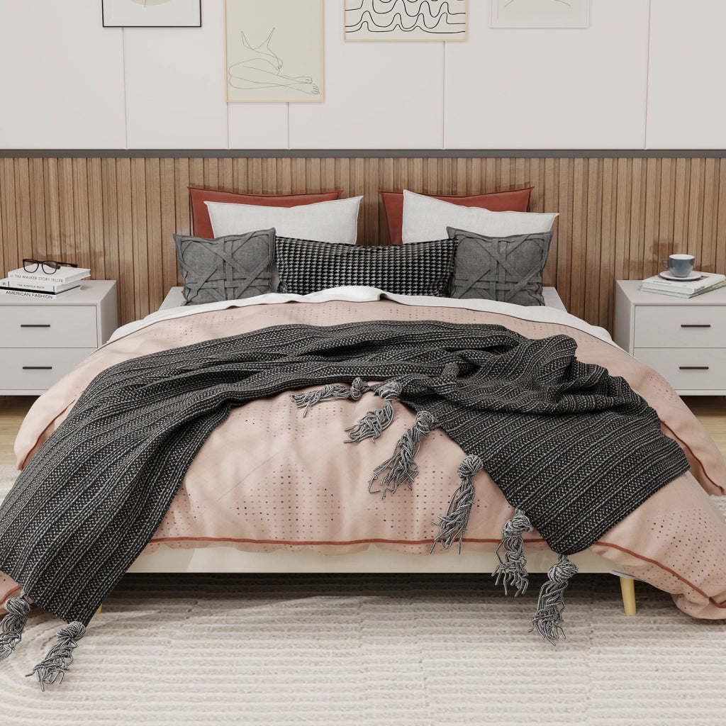 Letto per adulti 160 × 200 cm con struttura stabile, senza materasso, in tessuto e metallo, beige moderno