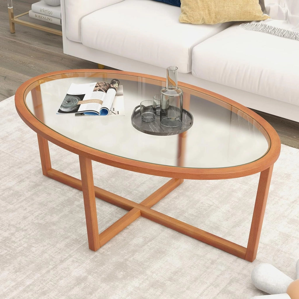 Tavolino da Caffè per Salotto, Tavolino Basso Ovale in Vetro Temperato e Legno di Acacia, Tavolino da Divano Moderno per Soggiorno, 118 x 71,5 x 47,5 cm, Naturale