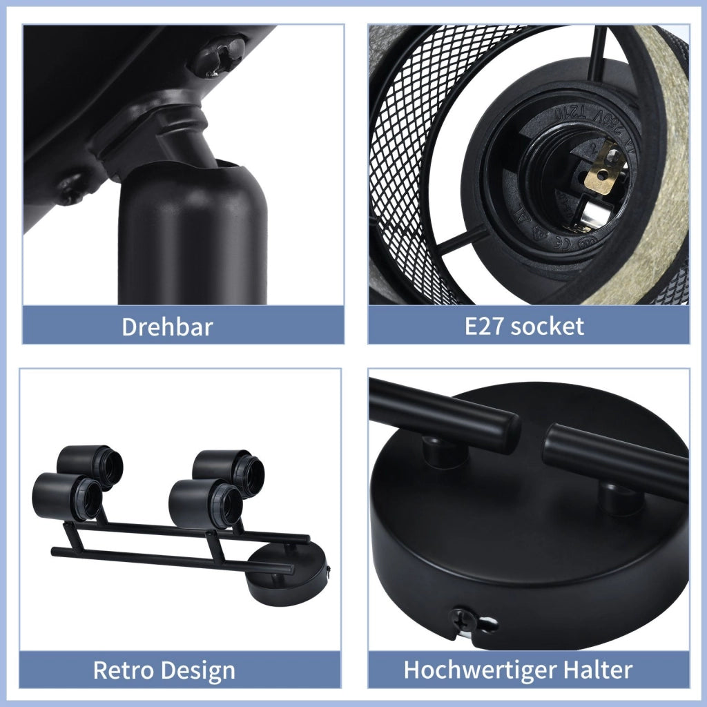ZMH Lampada da soffitto plafoniera metallo E27 max 25W nero retrò orientabile 330° per soggiorno