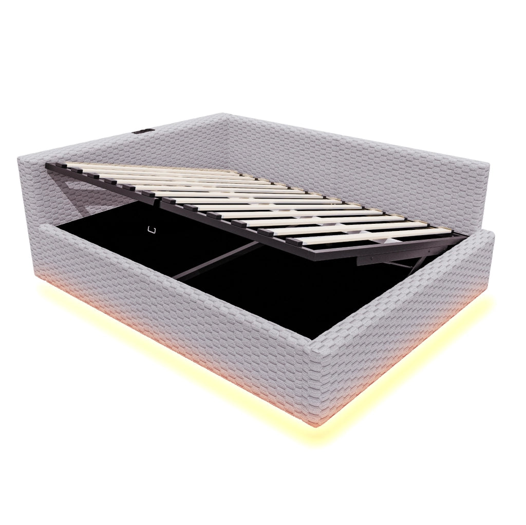 Letto imbottito 140x200 cm con contenitore, LED e porte USB/Type-C
