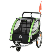 Rimorchio per bicicletta 2 in 1 per 2 bambini, funzione di spinta, parapioggia, freno, verde