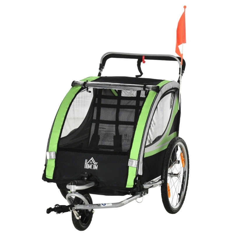Rimorchio per bicicletta 2 in 1 per 2 bambini, funzione di spinta, parapioggia, freno, verde
