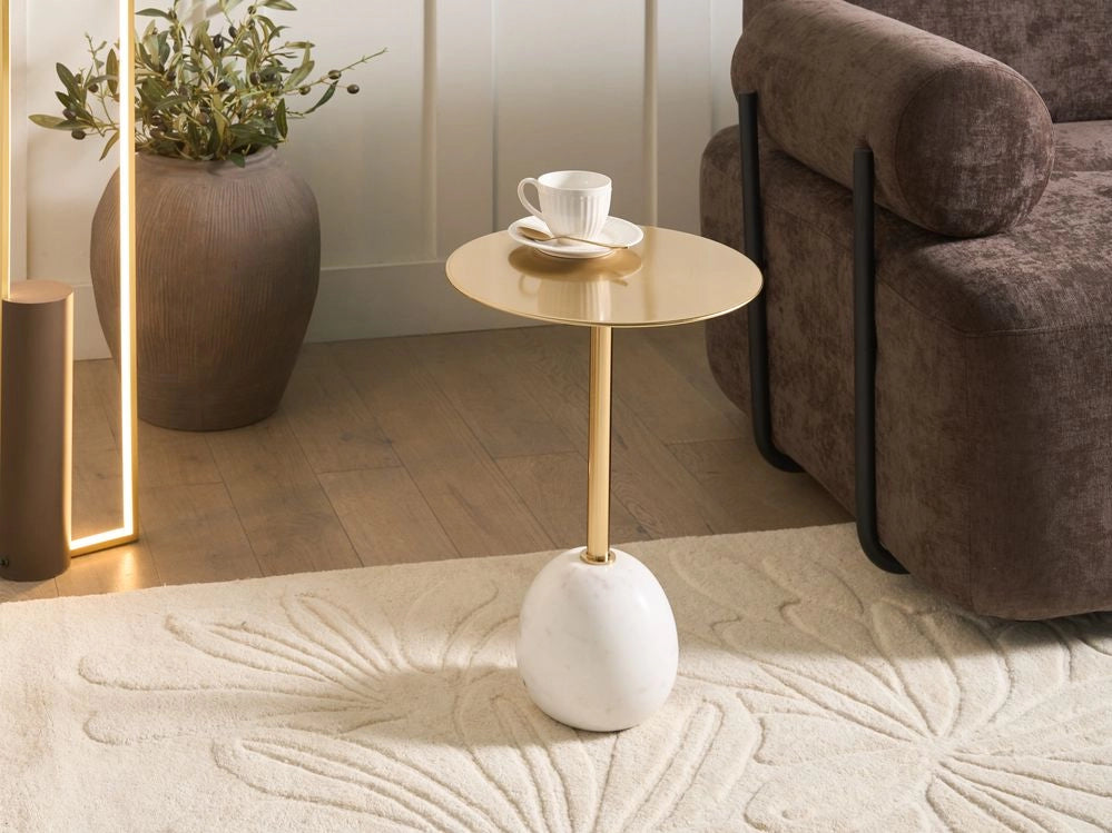 Tavolino Bianco e oro Piano in metallo Base in marmo stile Elegante Glam soggiorno Rotondo