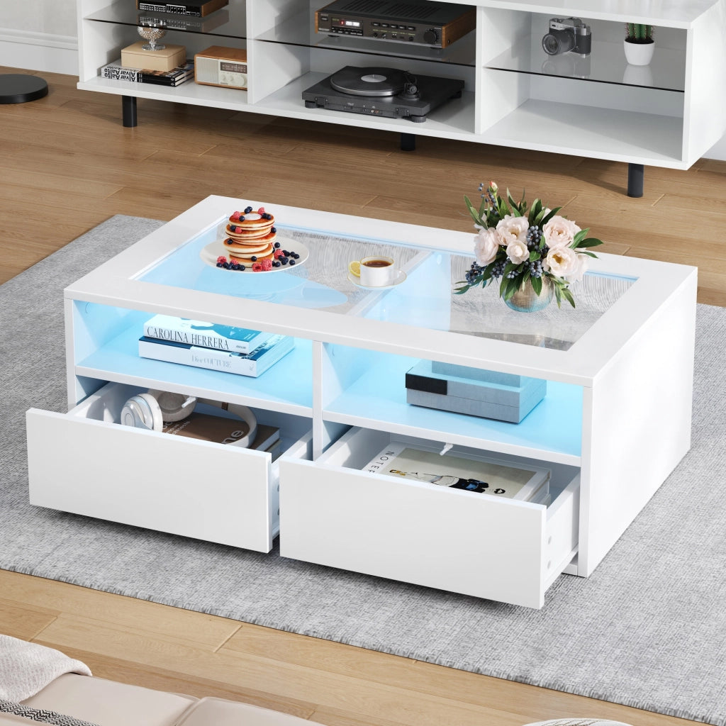 Tavolino da caffè con 2 cassetti; LED e USB - per soggiorno - 100×50×35 cm - bianco