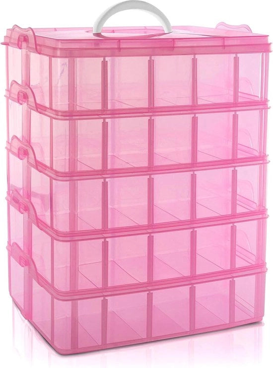Cassa di Stoccaggio Trasparente Rosa - Pannelli di Compartimento Regolabili - Massimo 50 Compartimenti - Adatta per Giochi e Oreficeria
