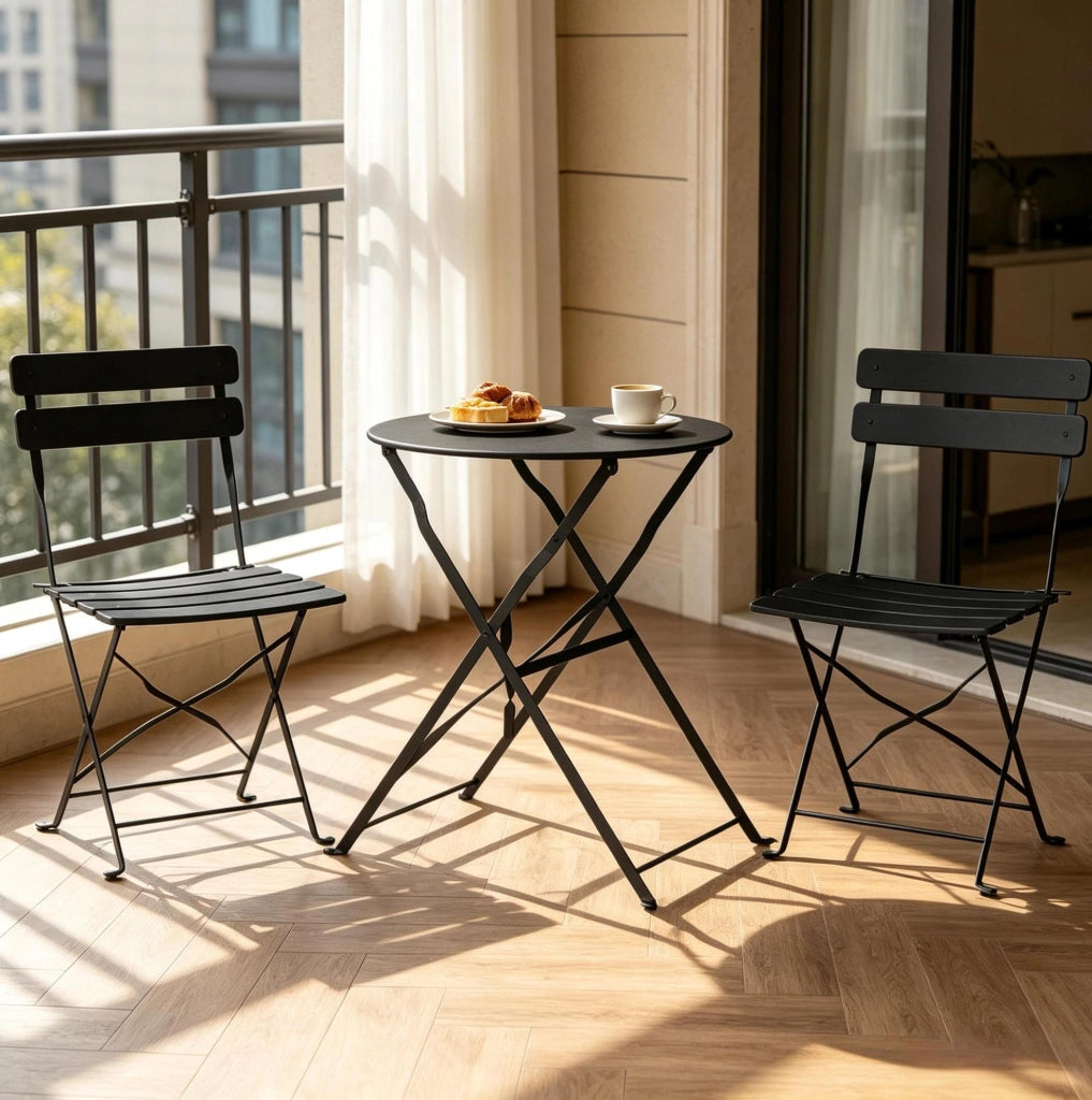 Set bistrot pieghevole da esterno 3 pezzi con tavolo rotondo Ø58 cm in metallo nero