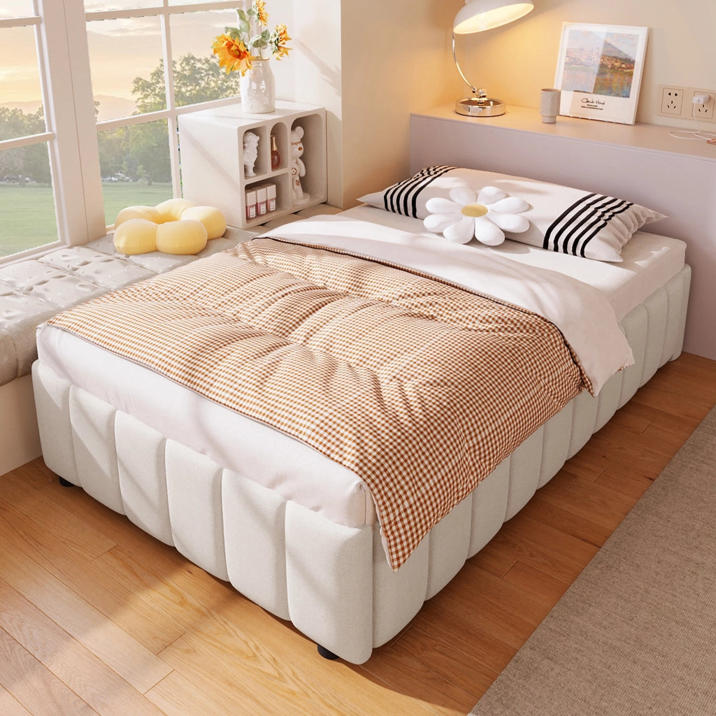 Letti contenitori 90x200 cm; contenitore idraulico; lino; beige (Senza materasso)