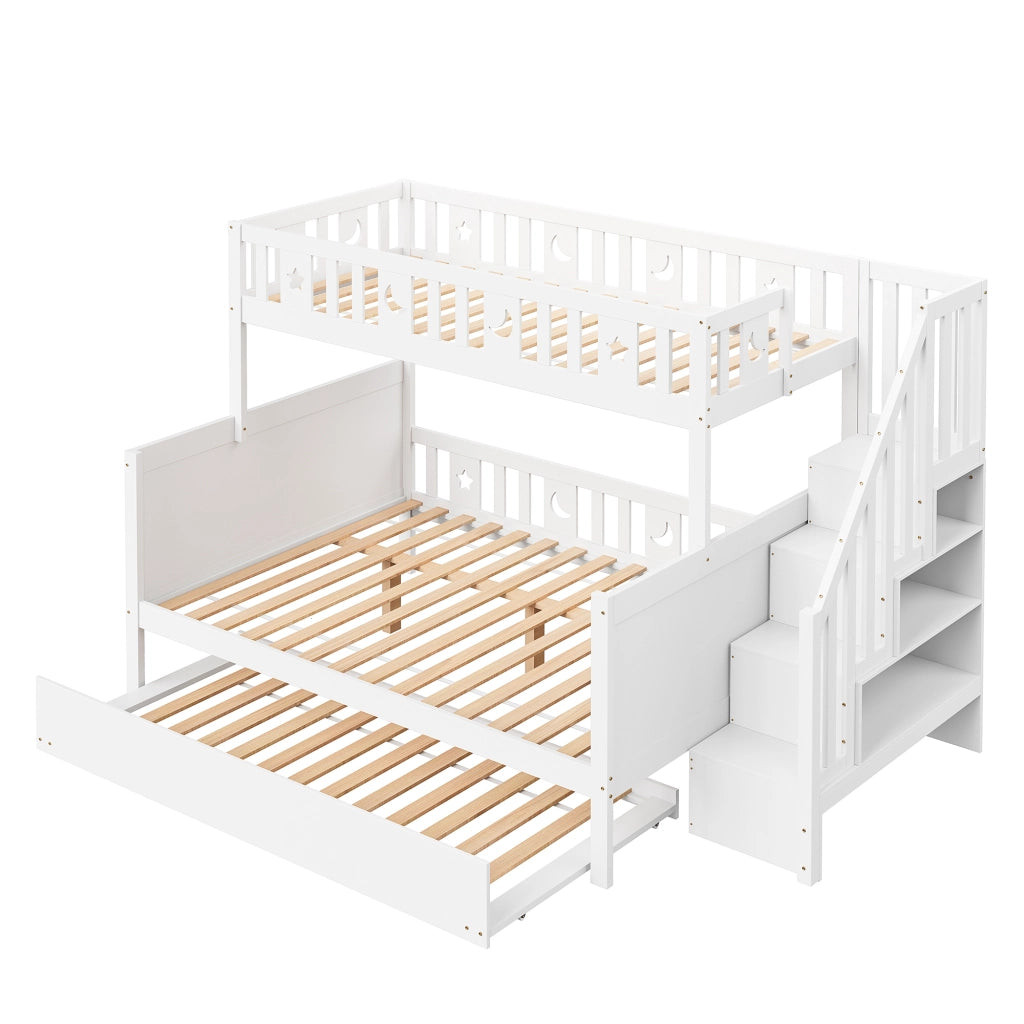 Letto a Castello con Scala Contenitore e Letto Estraibile; 90×200 e 140×200 cm; senza Materasso