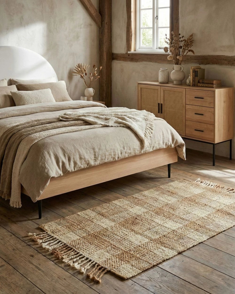 Tappeto juta beige 80 x 150 cm con nappe motivo geometrico intrecciato fatto a mano stile boho per soggiorno camera da letto