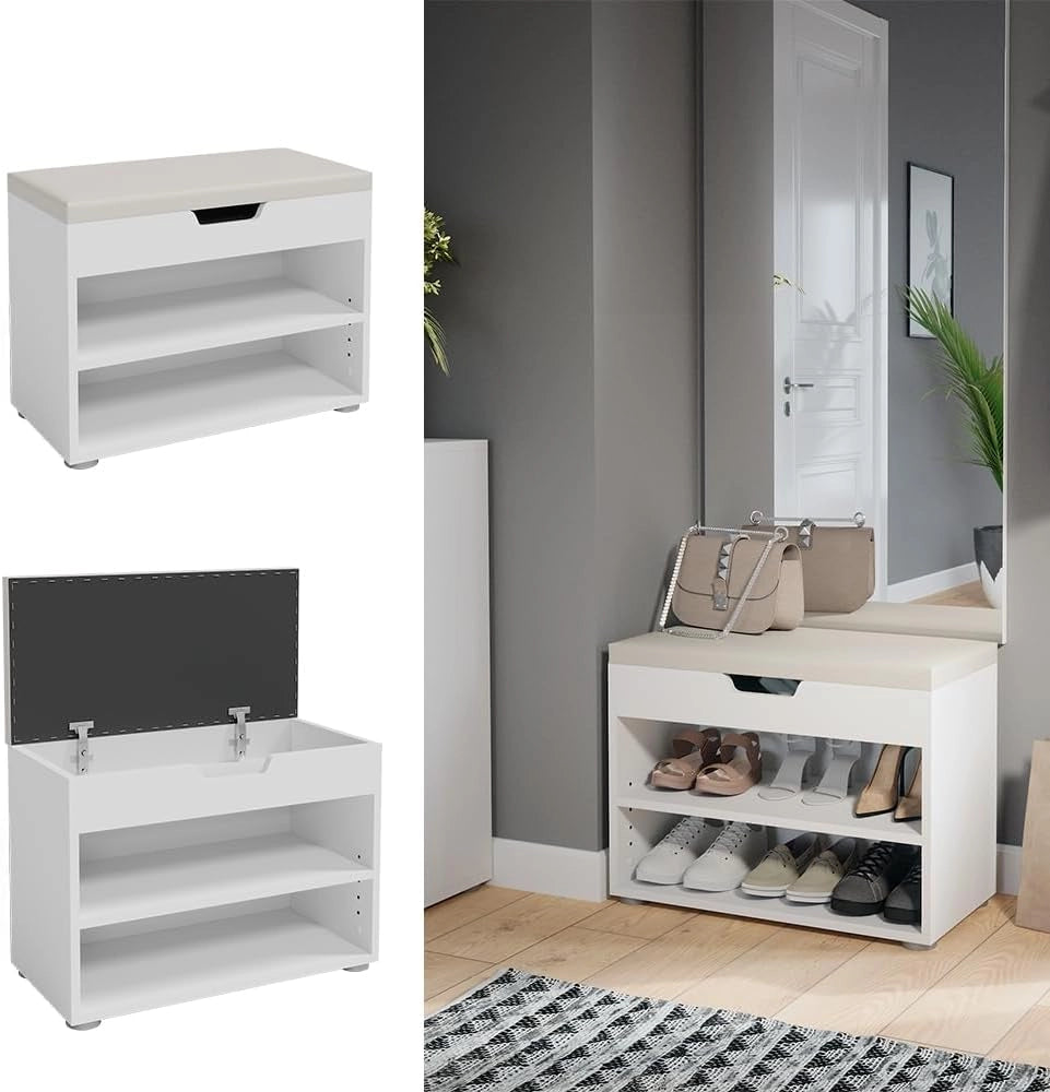 Vicco Panca scarpiera da ingresso Rolfe, Bianco, 60 x 45 cm, per la conservazione delle scarpe e compatibile con i mobili Rolfe