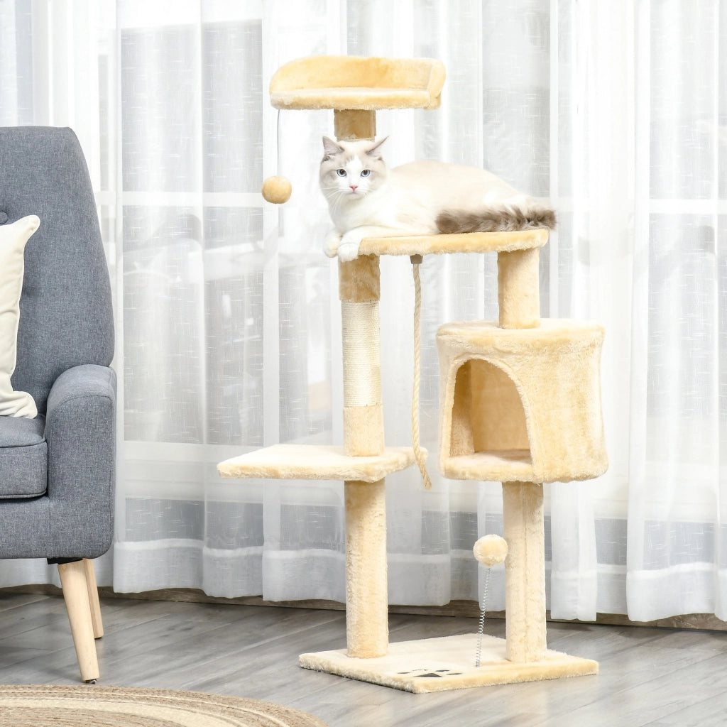 EasyComfort Albero Tiragraffi per Gatti in Legno a 4 Livelli con Cuccia, Giocattoli, Pallina e Corda, Altezza 114 cm