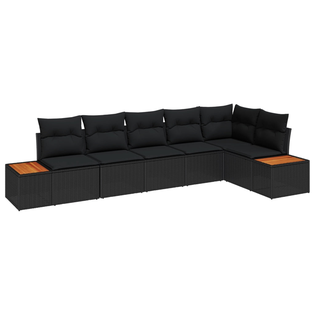 Set Divano da Giardino 6 Pezzi con Cuscini Nero Polyrattan Acacia