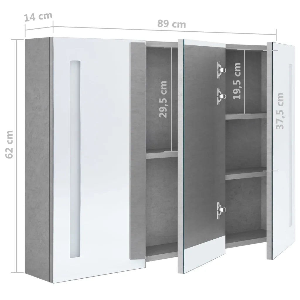 Armadietto Bagno con Specchio e LED-Mobile bagno con specchio Grigio Cemento 89x14x62 cm