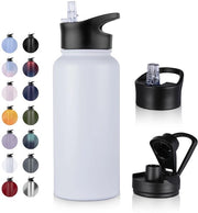Fles in acciaio inox da 1L - con imbuto, privo di zucchero, adatto per bevande gassate, flacone termico BPA-free (+2 coperchi) con isolamento a doppia parete a vuoto per sport, viaggi, campeggio, scuola, bicicletta, palestra