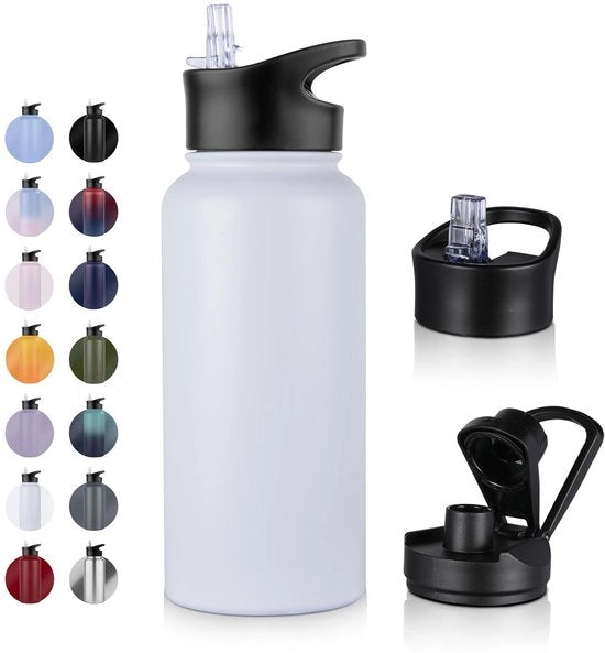 Fles in acciaio inox da 1L - con imbuto, privo di zucchero, adatto per bevande gassate, flacone termico BPA-free (+2 coperchi) con isolamento a doppia parete a vuoto per sport, viaggi, campeggio, scuola, bicicletta, palestra