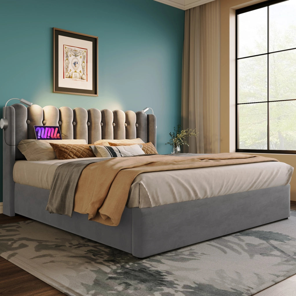 Letto imbottito 140x200 cm con contenitore; luce da lettura e USB in velluto grigio