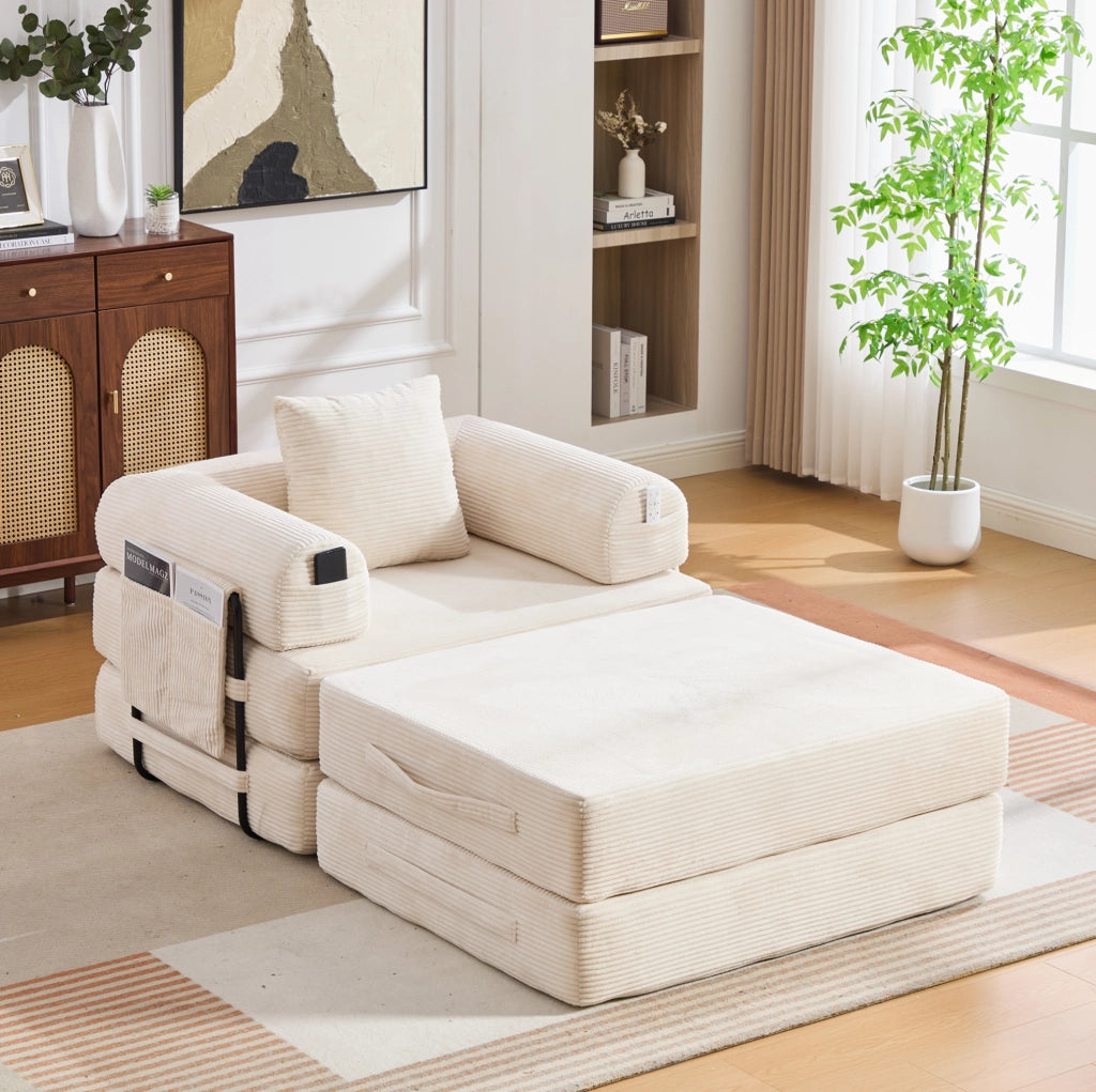 Pouf poggiapiedi in corduroy beige trasformabile in letto singolo; 109x95x43 cm