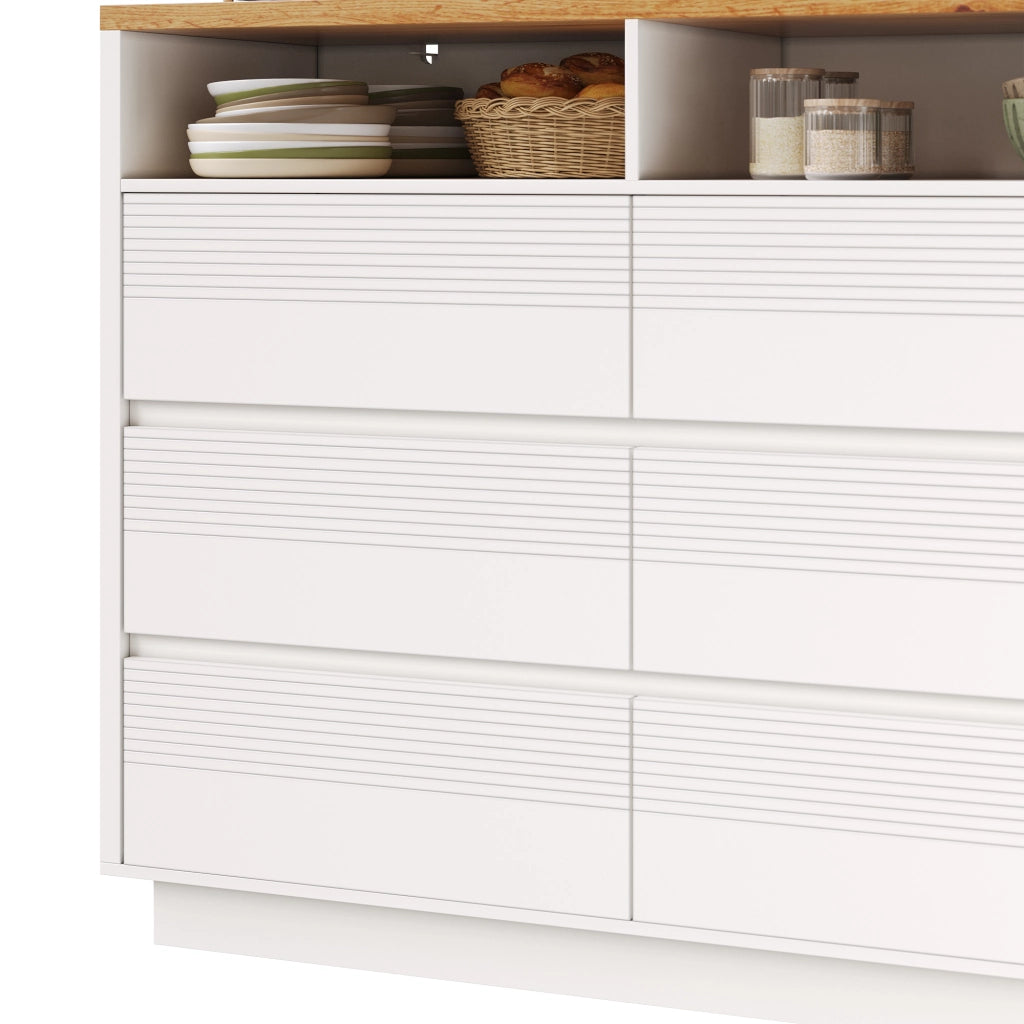 Tavolo allungabile con 6 cassetti e vani aperti, su ruote, per soggiorno e cucina, in MDF bianco, 137-215 × 39 × 102.3 cm