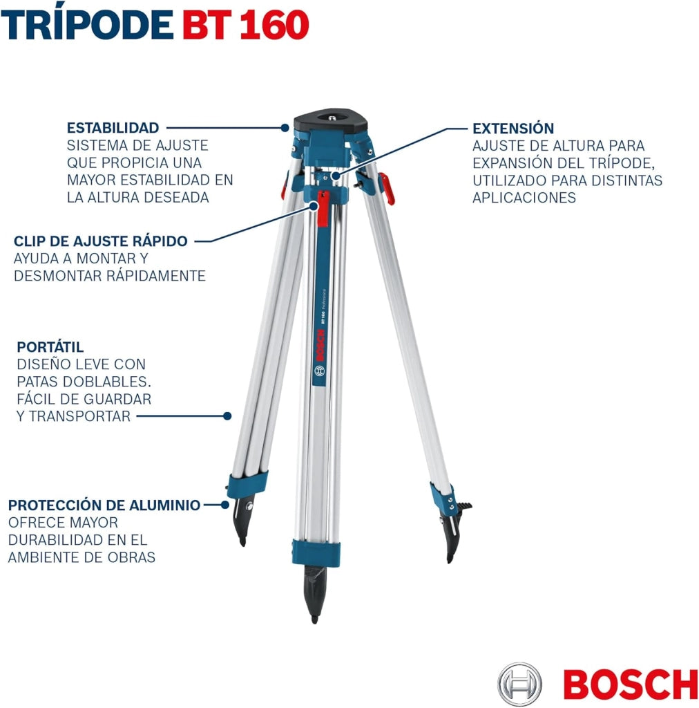 Bosch Professional Treppiede per Laser e Livelle BT 160 (Altezza: 97–160 cm, Filettatura: 5/8")