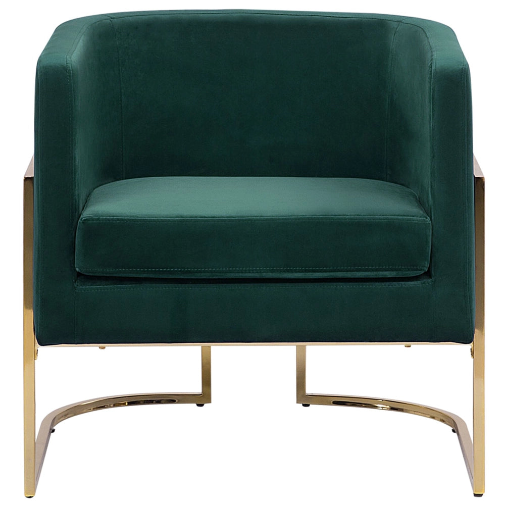 Poltrona Velluto Verde Scuro Struttura In Metallo Dorato Con Schienale Tondo Stile Glam